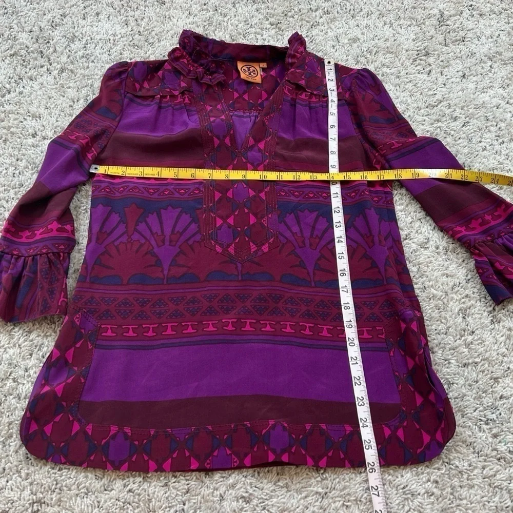 Tory Burch Silk Geometric Print Ruffle High V Neck 3/4 Tunic Blouse Top Sz 4
